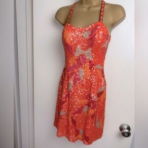 Scala Orange and Pink Embellished Sequins Open Back Silk Cocktail Dress Size 4